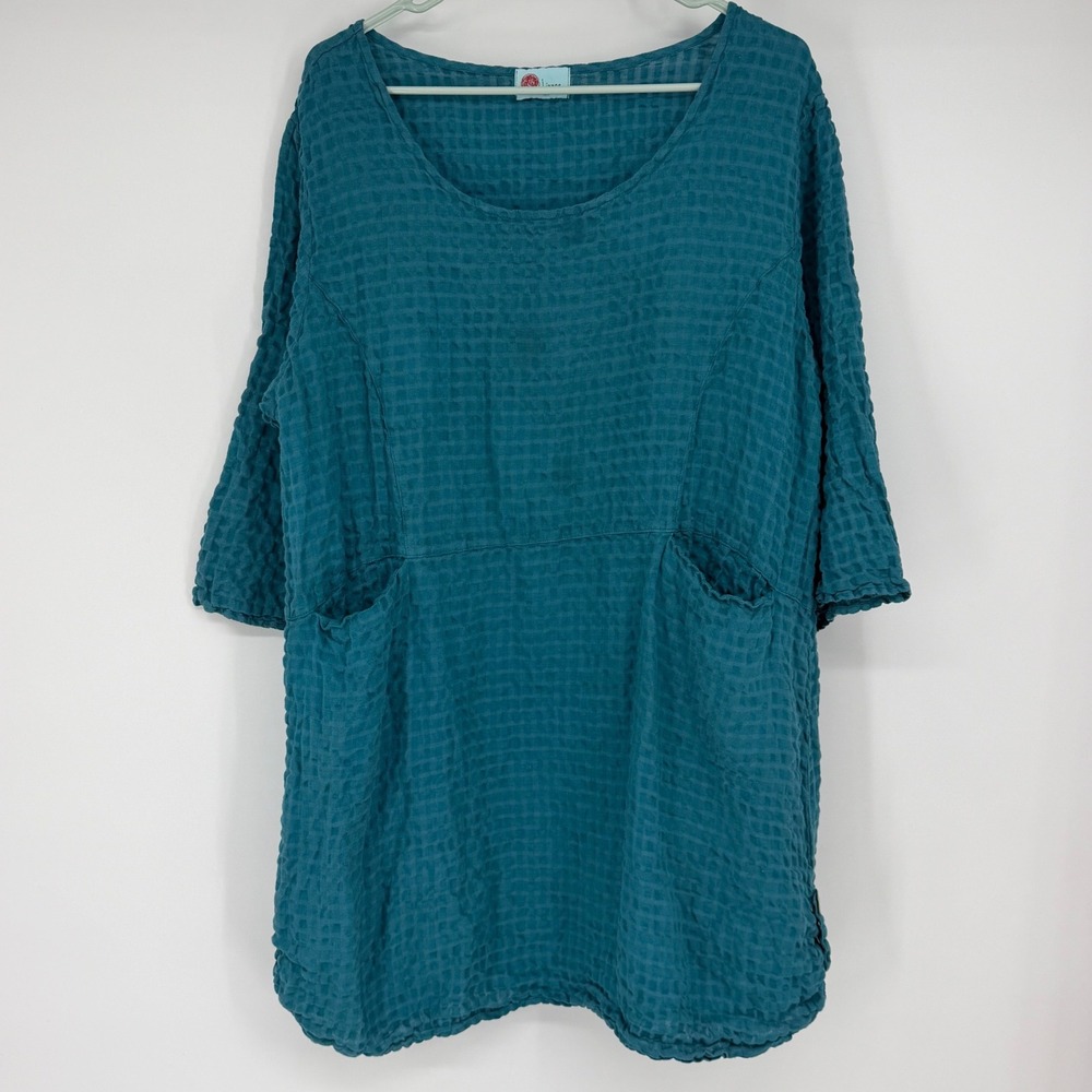 Linnea XL Teal Blue Linen Blend Textured Lagenlook Tunic Top Made in USA
